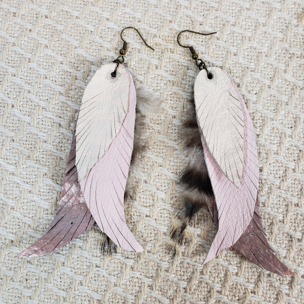 Leather Feather Dangle Earrings Blush Pink Boho
